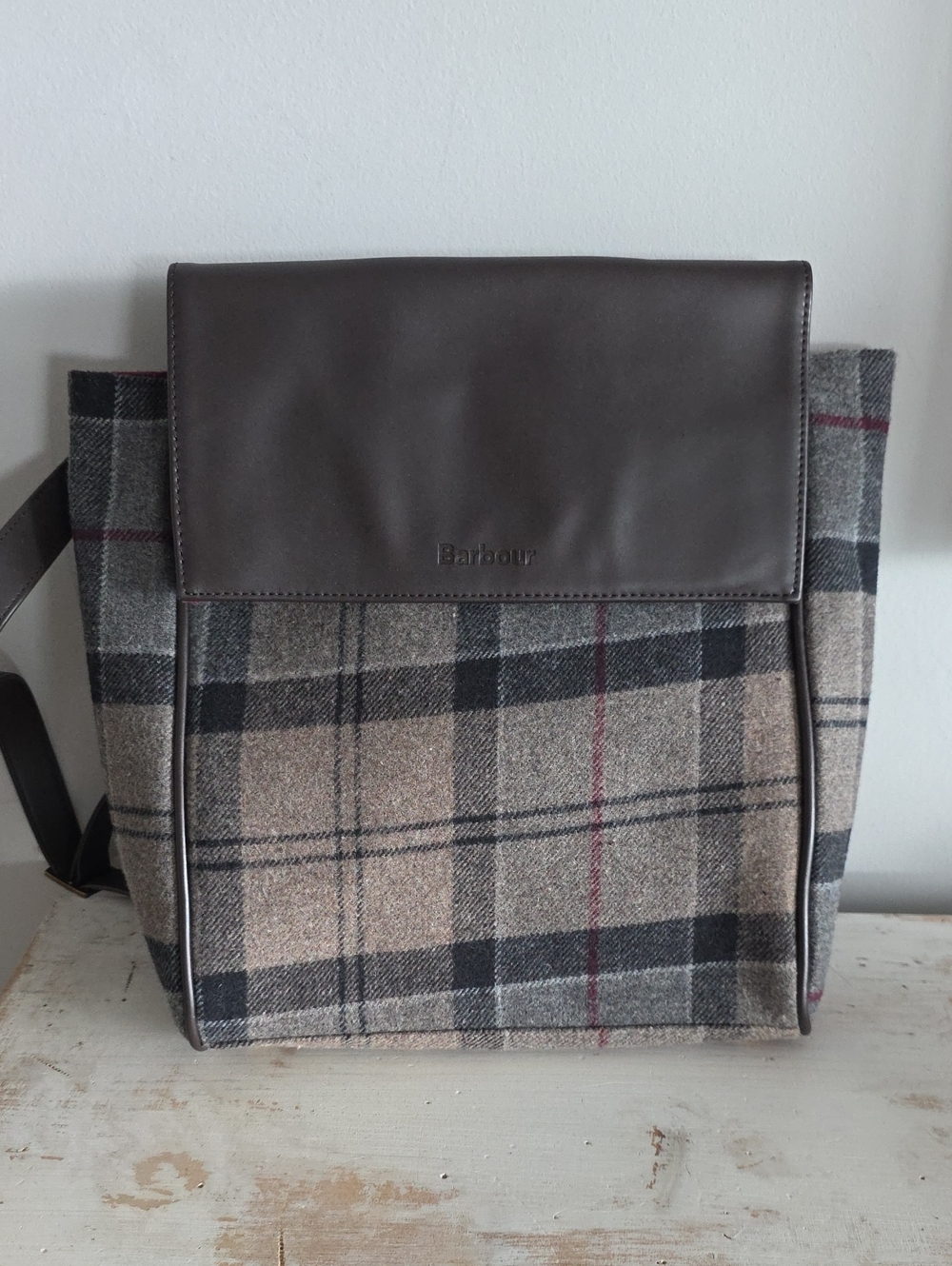 Barbour Milport Backpack in a Gray Winter Tartan Plaid